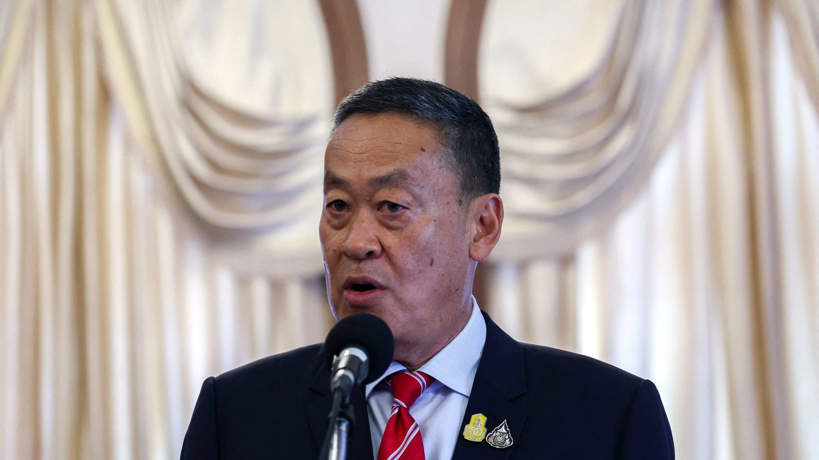 Thailand's Prime Minister Srettha Thavisin speaks to members of the media about Thai Foreign Minister Parnpree Bahiddha-Nukara's resignation at the Government House in Bangkok, Thailand, on April 29, 2024.